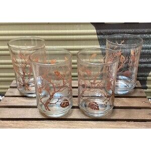 Vintage Libbey MCM Decorated Juice Glasses 1960/70’s Autumn Tree Set Of Four